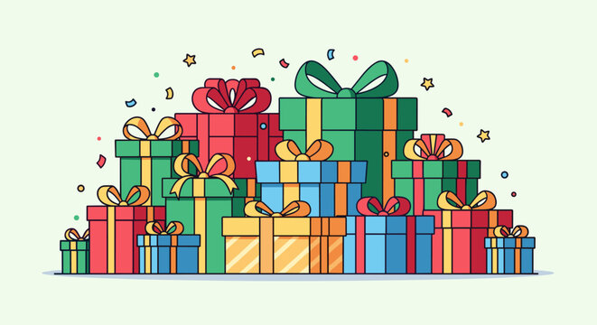 A vibrant illustration of a large pile of colorful gift boxes with ribbons and bows, adorned with confetti, suggesting celebration and presents.