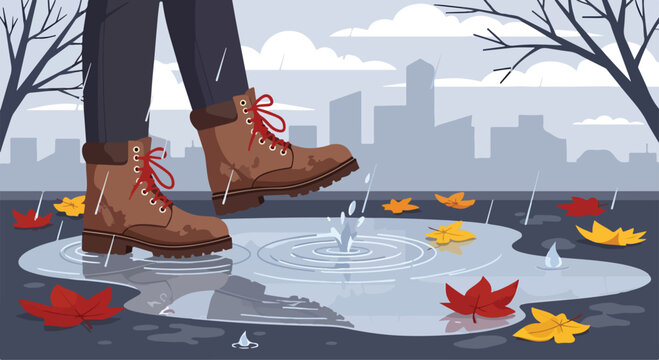 A person wearing boots jumps in a puddle on a rainy autumn day