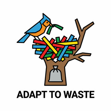Bird building a nest with colorful recycled materials on a tree with trash bag below.