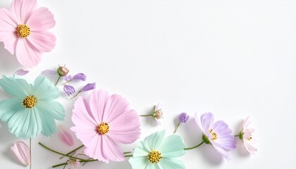 Naklejka premium Elegant arrangement of delicate pastel cosmos flowers blooming on a pristine white background, forming a serene corner frame ideal for sophisticated spring themes and gentle beauty