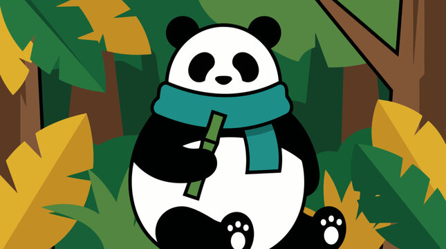 Cute cartoon panda bear wearing a scarf and holding bamboo in a forest setting.