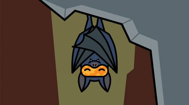 Cute cartoon bat hanging upside down from a cave ceiling.