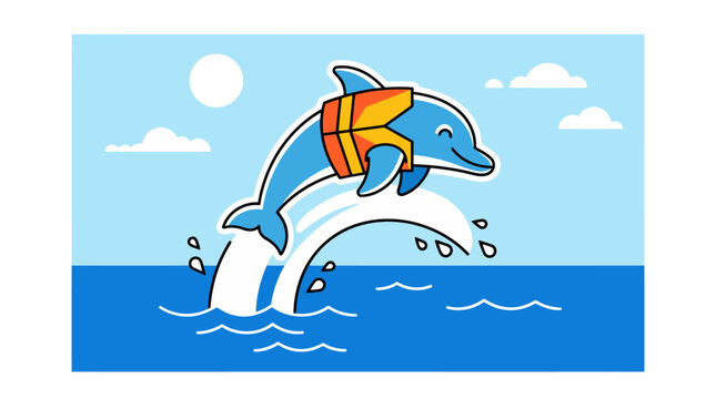 Joyful cartoon dolphin wearing a life jacket jumping out of the ocean waves.