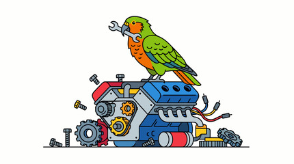 Fototapeta premium Parrot Mechanic Sitting on Engine Holding Wrench.