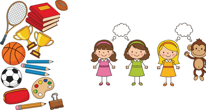 School items and kids thinking characters illustration set, education, sports and creativity themed vector collection design