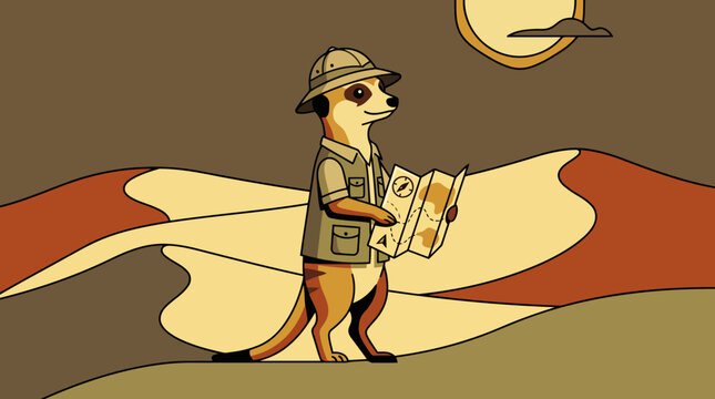 Cartoon meerkat explorer wearing safari hat and holding a map in the desert.