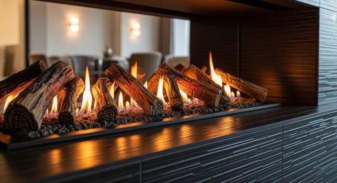 Crackling gas fireplace logs with realistic flames create a modern, warm, and inviting ambiance indoors