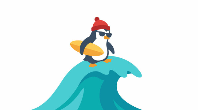 Penguin Surfer Riding a Wave with Sunglasses and Hat.
