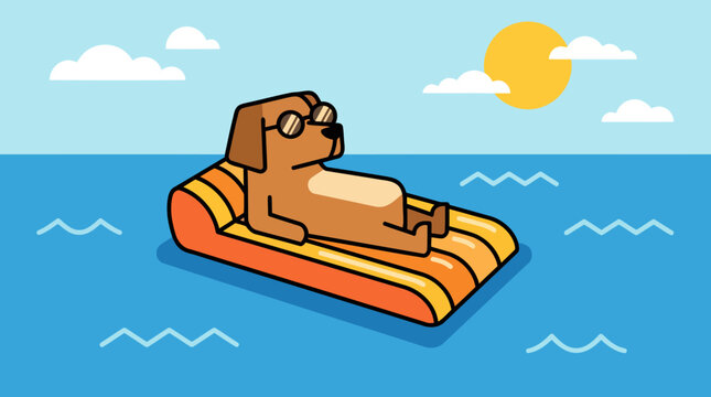 Cartoon dog relaxing on inflatable raft in the ocean under the sun.