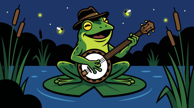 Cartoon Frog Playing Banjo on Lily Pad at Night with Fireflies.