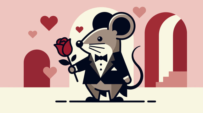 Cute cartoon mouse in a tuxedo holding a red rose with hearts in the background.