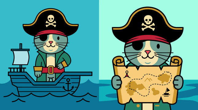 Cute cartoon cat dressed as a pirate holding a treasure map and standing on a pirate ship.