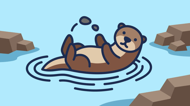 Cute cartoon otter floating on its back in blue water with rocks.