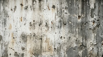 Fototapeta premium A weathered concrete wall displays extensive damage, including deep cracks, holes, and peeling paint.