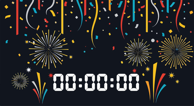 A digital countdown timer surrounded by colorful confetti and fireworks