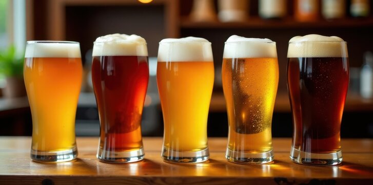 Multiple beer glasses, various fills, wooden table background , half, table, assorted