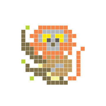 A flat pixel design made of geometric square color blocks on a clean icon layout. Pixel art marmoset monkey