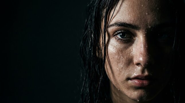 Half Face Portrait of Young Woman Emerging from Darkness with Dramatic Lighting