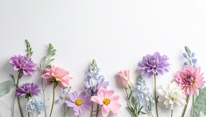 Obraz premium A beautiful arrangement of colorful spring flowers in a delicate composition on a white background, perfect for invitations and celebrations