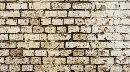Fototapeta premium A weathered brick wall is presented against a black background. The wall is constructed of rectangular bricks with varying shades of beige, cream, and brown.