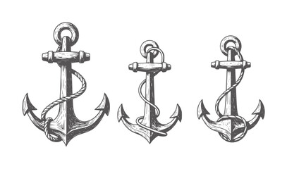 Three vintage nautical anchors with ropes white maritime © Mohammad