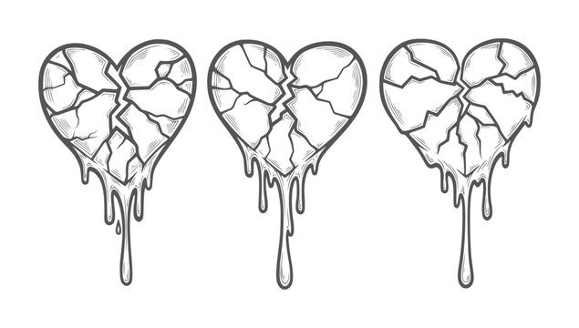 Three dripping broken heart with cracks and shading melt