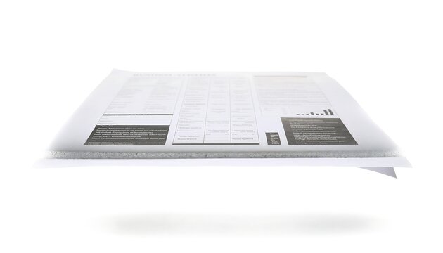 Flying business document with charts and tables on white background