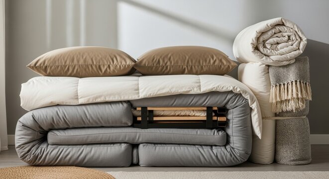 Compact grey futon bed folded neatly against a wall with pillows and a duvet, space-saving furniture solution for modern living