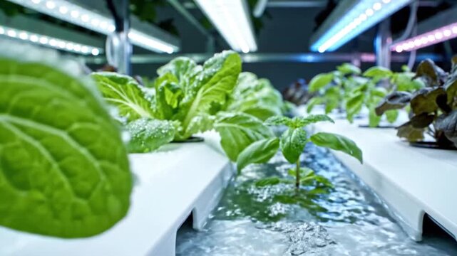 Hydroponic lettuce with water droplets under LED grow lights