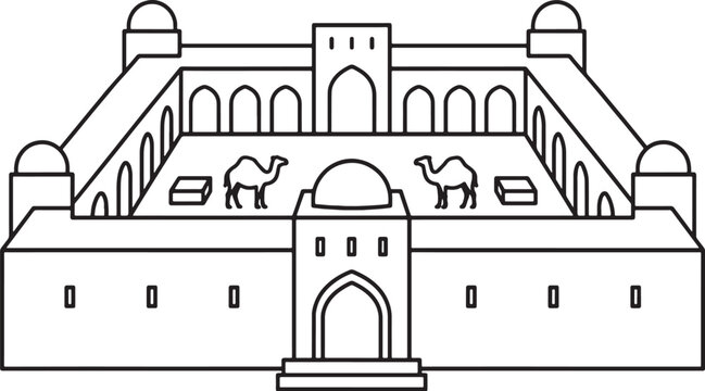 Afghanistan Historic Caravanserai Icon Minimalist Vector Line Art Adobe UI Style Courtyard Inn Architecture Monochrome SVG Illustration.eps
