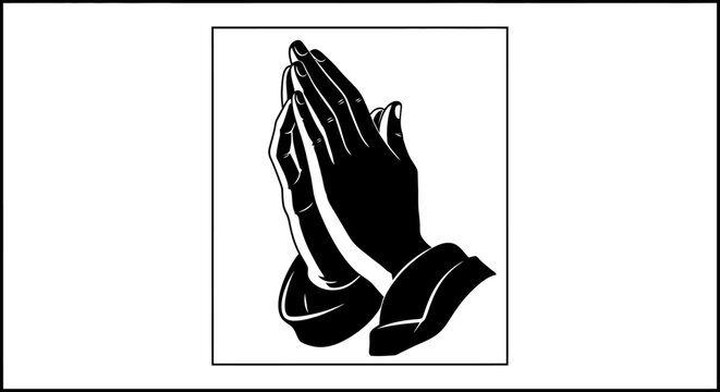 Praying hands in black silhouette style.