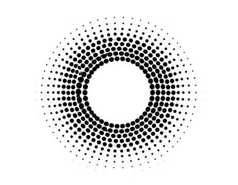 A black and white circle created using varying sized dots