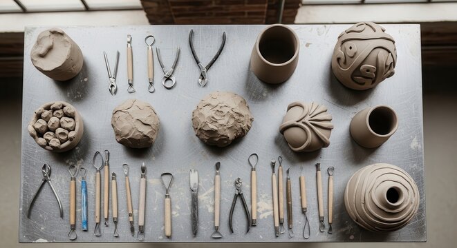 An assortment of ceramic sculpting tools and malleable clay arranged on a surface for artistic creation