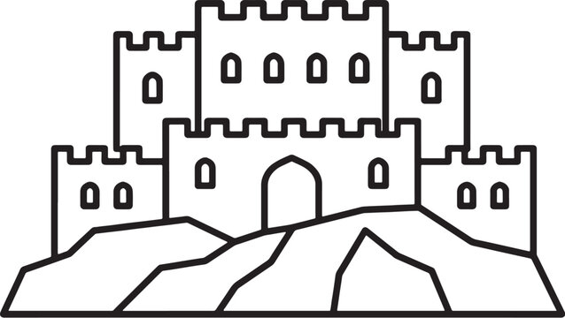 Afghanistan Ancient Fortress Icon Minimalist Line Art Vector Historical Citadel Rocky Hill Black Monochrome UI Design