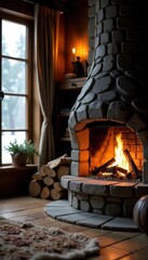 Fototapeta premium Cozy wood burning fireplace, warm winter home interior, holiday, logs, winter