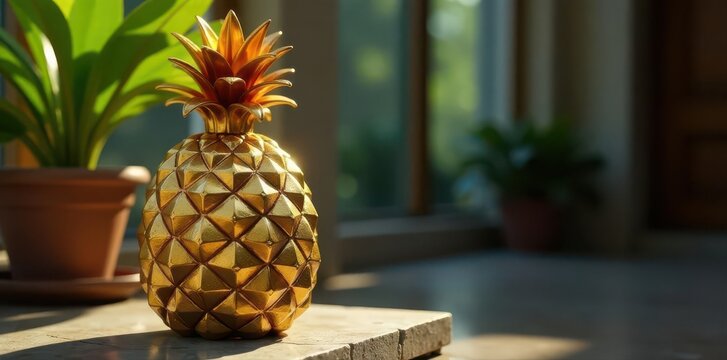 Ornate golden pineapple sculpture, intricate details , luxury, reflective