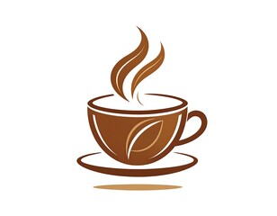 Obraz premium Stylized coffee cup with steam rising, a leaf on the side, and saucer on white background
