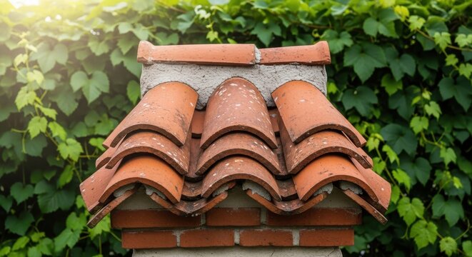 Close-up of terracotta clay chimney tiles with overlapping pattern on a residential building exterior