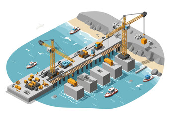 Obraz premium Construction project vector illustration of bridge building with cranes and heavy machinery on the water