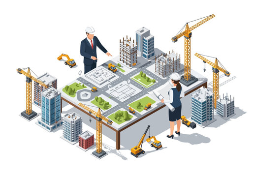 Vector illustration of architectural blueprint with cranes and buildings, conceptualizing urban development and construction planning