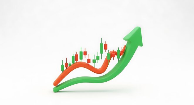 Green arrow chart upwards trend with candlesticks and orange line trading data candlestick investment increase positive analysis business progress performance valuation