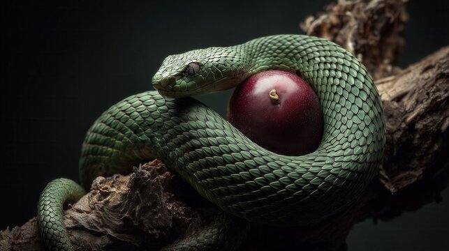 A snake coiled around a branch looking at a glowing forbidden fruit