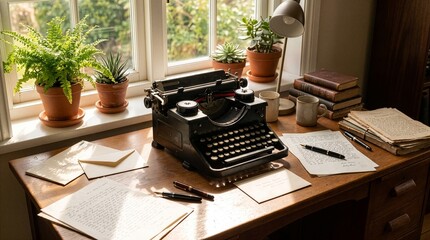 Fototapeta premium Vintage Typewriter on Writing Desk