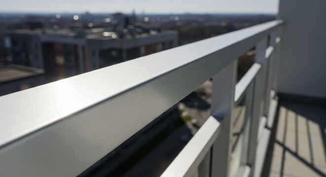 Close-up of a sleek silver anodized aluminum balcony railing offering a modern urban architectural perspective with city views.