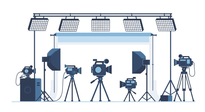 A professional video production studio setup features multiple cameras on tripods and overhead lighting panels arranged for high quality filming on a white background.