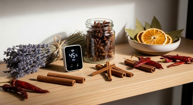 Smart humidity sensor monitoring spice storage on a wooden shelf with various aromatic ingredients