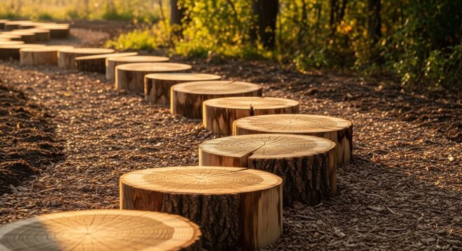 Rustic hewn timber rounds create a natural stepping stone path through a sunlit forest floor