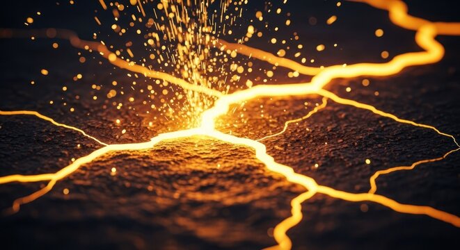 Explosion of Bright Orange Sparks and Lightning Strikes on Dark Background.
