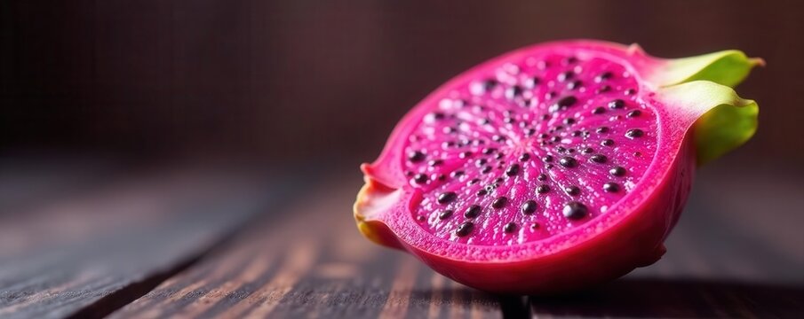 Close-up of a single pink dragon fruit segment , juicy, raw