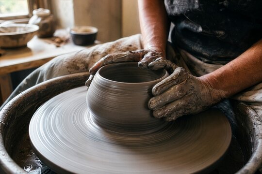 Hands Shaping Clay on Pottery Wheel